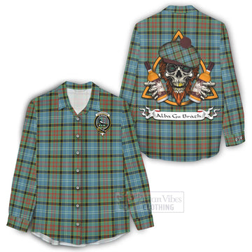 Walkinshaw Tartan Women's Casual Shirt with Family Crest and Bearded Skull Holding Bottles of Whiskey - Tartan Vibes Clothing