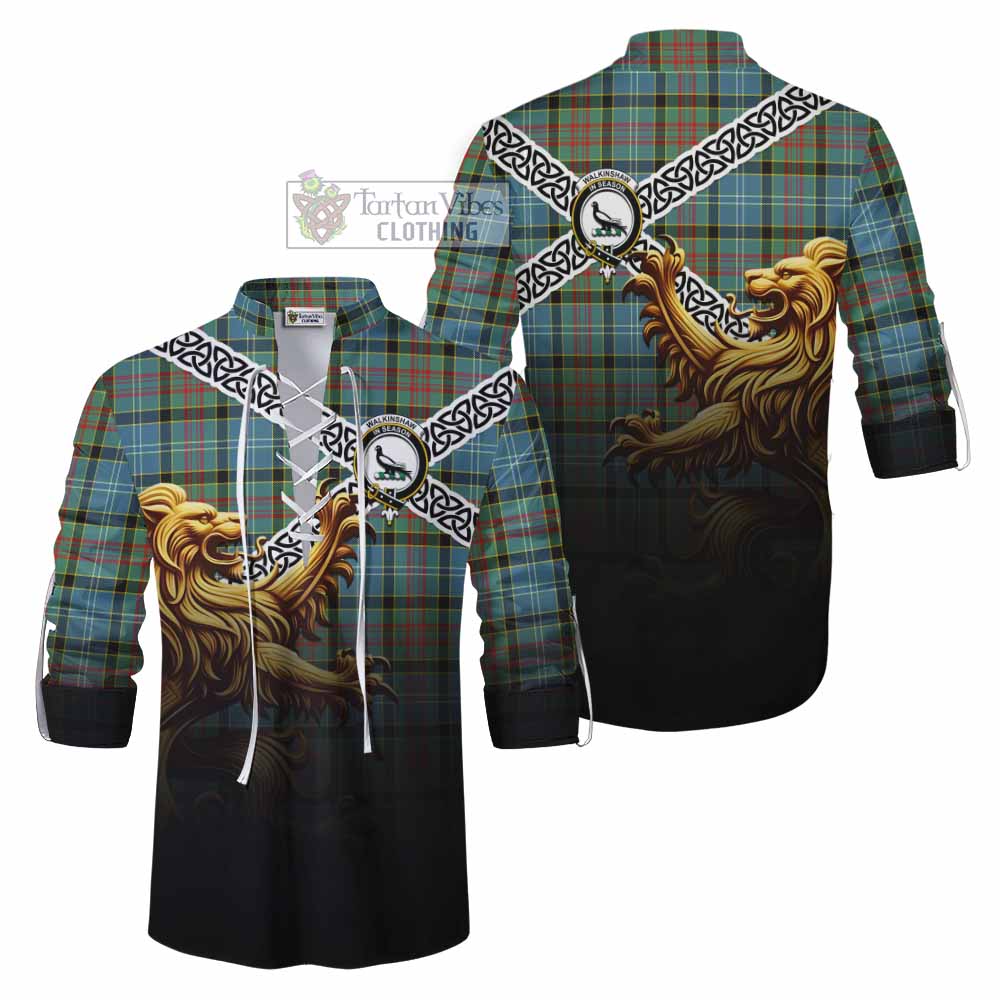 Tartan Vibes Clothing Walkinshaw Crest Tartan Ghillie Kilt Shirt with Golden Lion Emblem Celtic Style