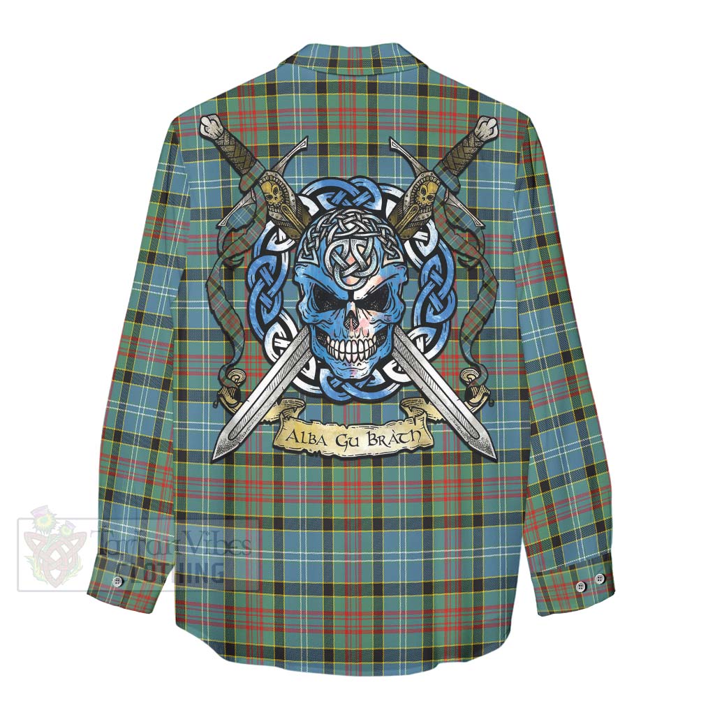 Walkinshaw Tartan Women's Casual Shirt with Family Crest Celtic Skull Style - Tartan Vibes Clothing