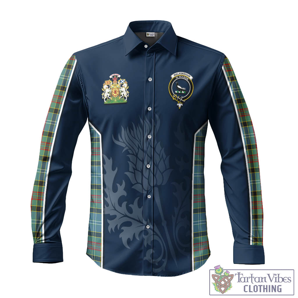 Tartan Vibes Clothing Walkinshaw Tartan Long Sleeve Button Up Shirt with Family Crest and Scottish Thistle Vibes Sport Style