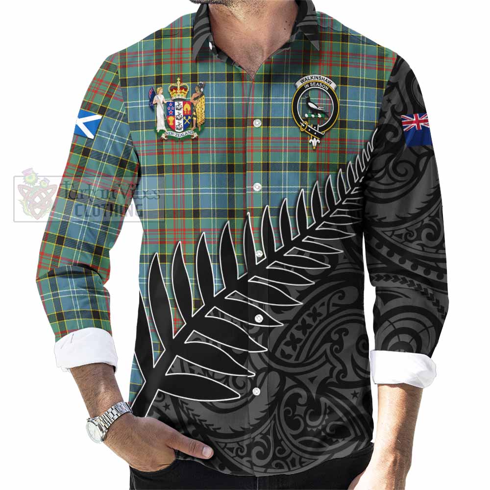 Tartan Vibes Clothing Walkinshaw Crest Tartan Long Sleeve Button Shirt with New Zealand Silver Fern Half Style
