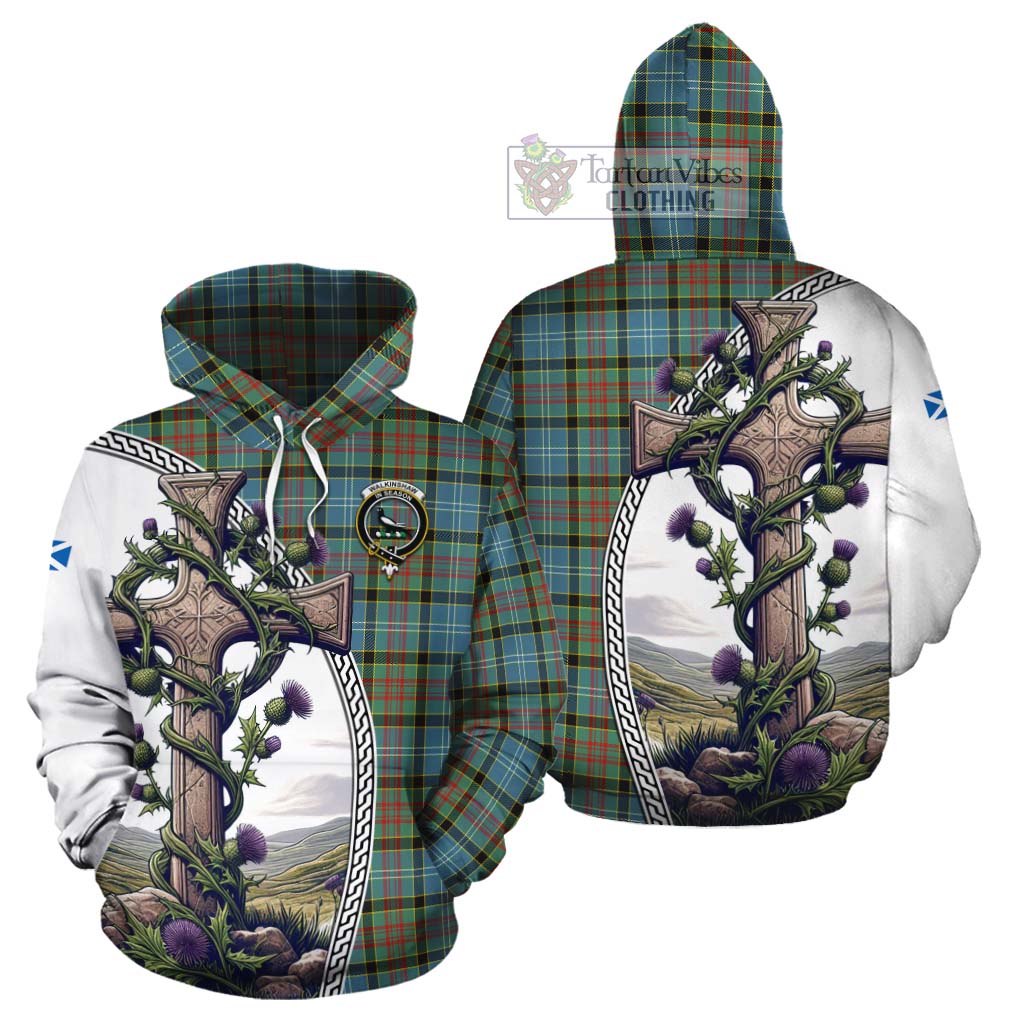 Tartan Vibes Clothing Walkinshaw Tartan Cotton Hoodie with Family Crest and St. Andrew's Cross Accented by Thistle Vines