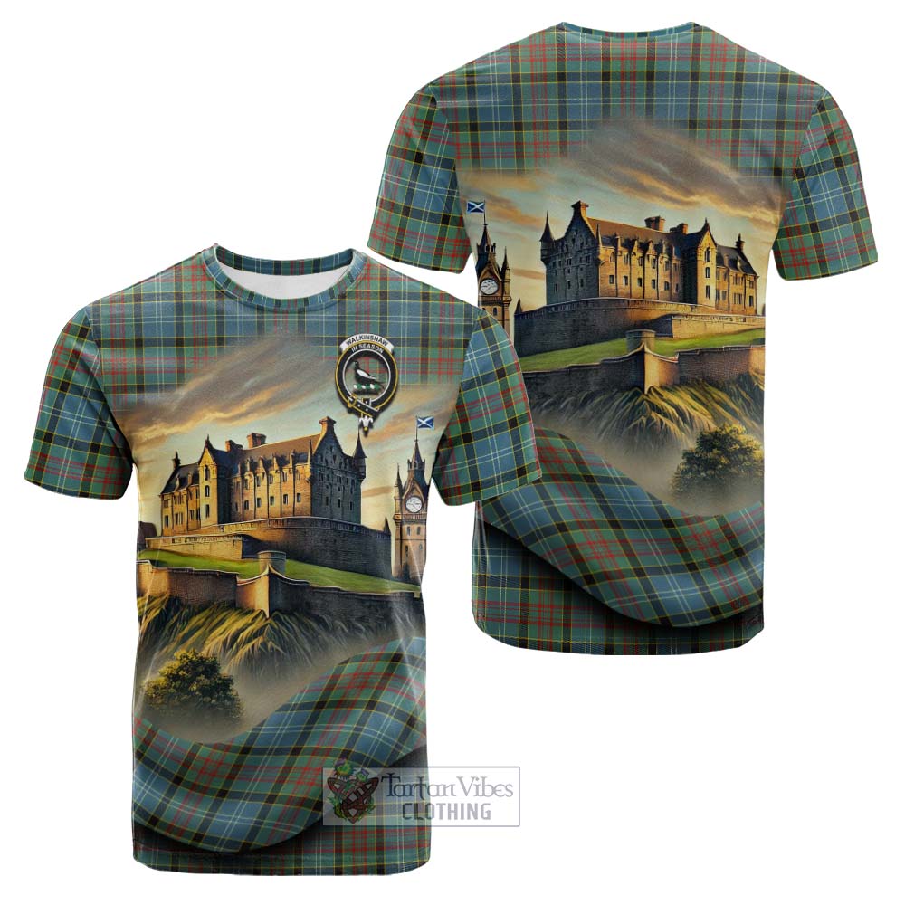 Walkinshaw Tartan Family Crest Cotton T-shirt with Scottish Ancient Castle Style - Tartan Vibes Clothing