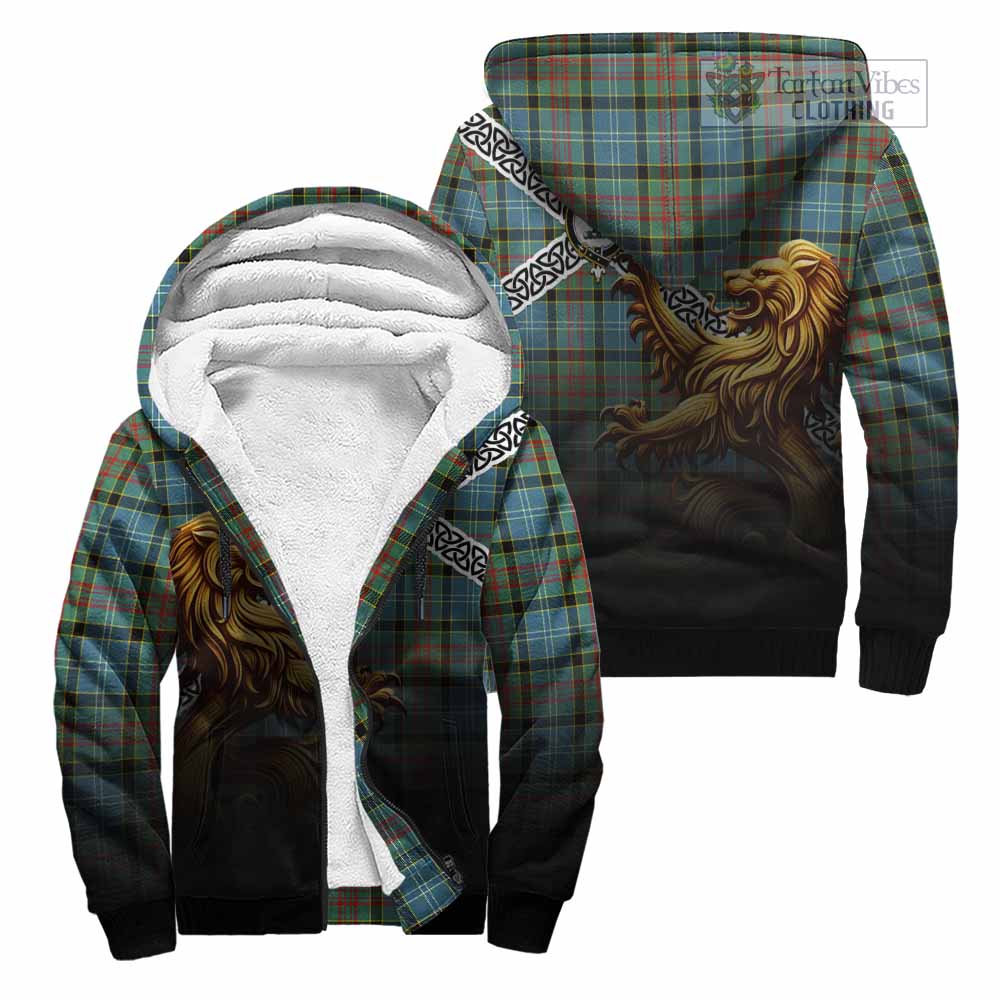 Walkinshaw Crest Tartan Sherpa Hoodie with Golden Lion Emblem Celtic Style Unisex - Tartan Vibes Clothing
