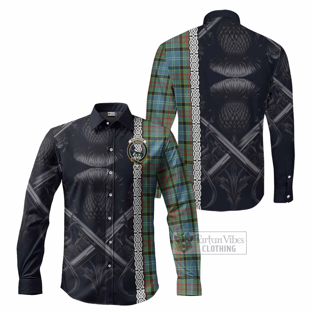 Tartan Vibes Clothing Walkinshaw Tartan Long Sleeve Button Shirt with Family Crest Cross Sword Thistle Celtic Vibes