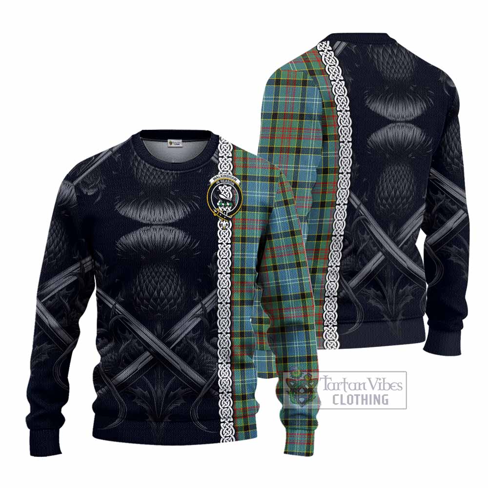 Walkinshaw Tartan Knitted Sweater with Family Crest Cross Sword Thistle Celtic Vibes - Tartan Vibes Clothing
