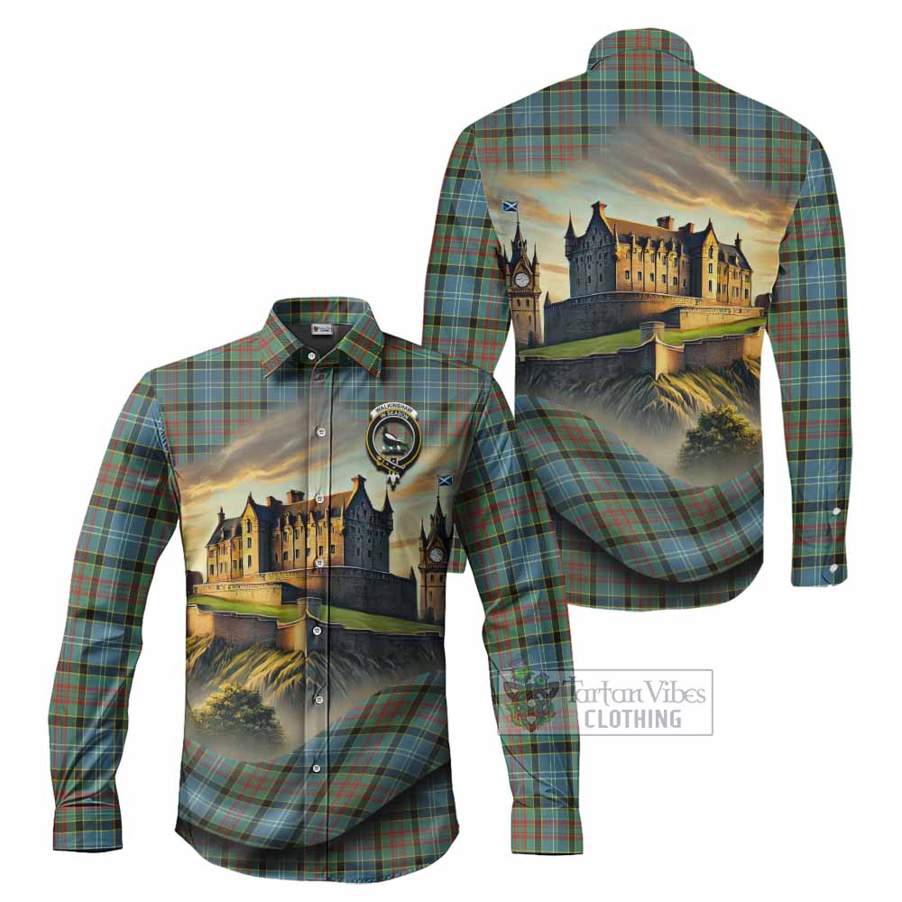 Tartan Vibes Clothing Walkinshaw Tartan Family Crest Long Sleeve Button Shirt with Scottish Ancient Castle Style