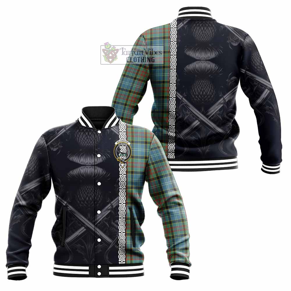 Walkinshaw Tartan Baseball Jacket with Family Crest Cross Sword Thistle Celtic Vibes - Tartan Vibes Clothing