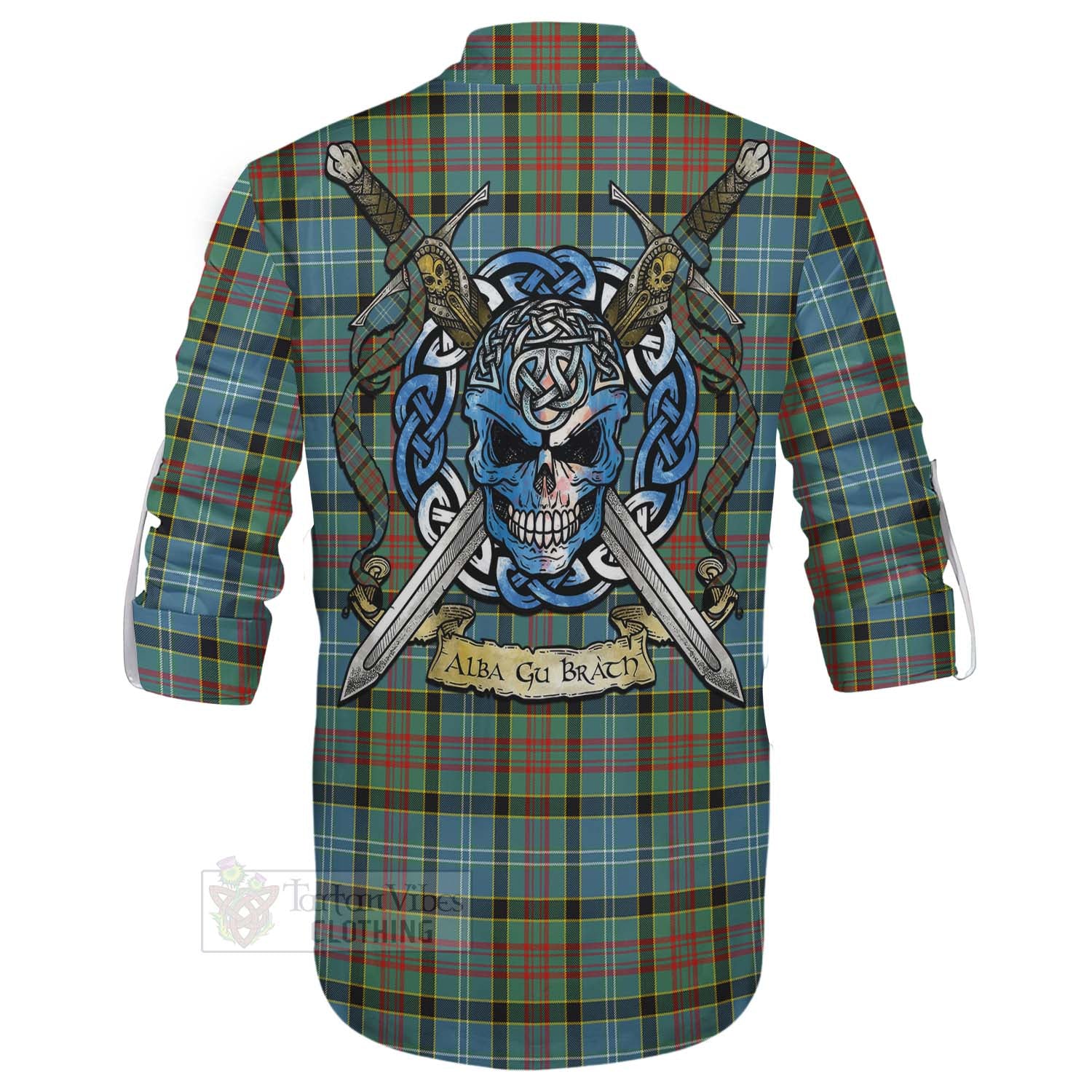 Tartan Vibes Clothing Walkinshaw Tartan Ghillie Kilt Shirt with Family Crest Celtic Skull Style