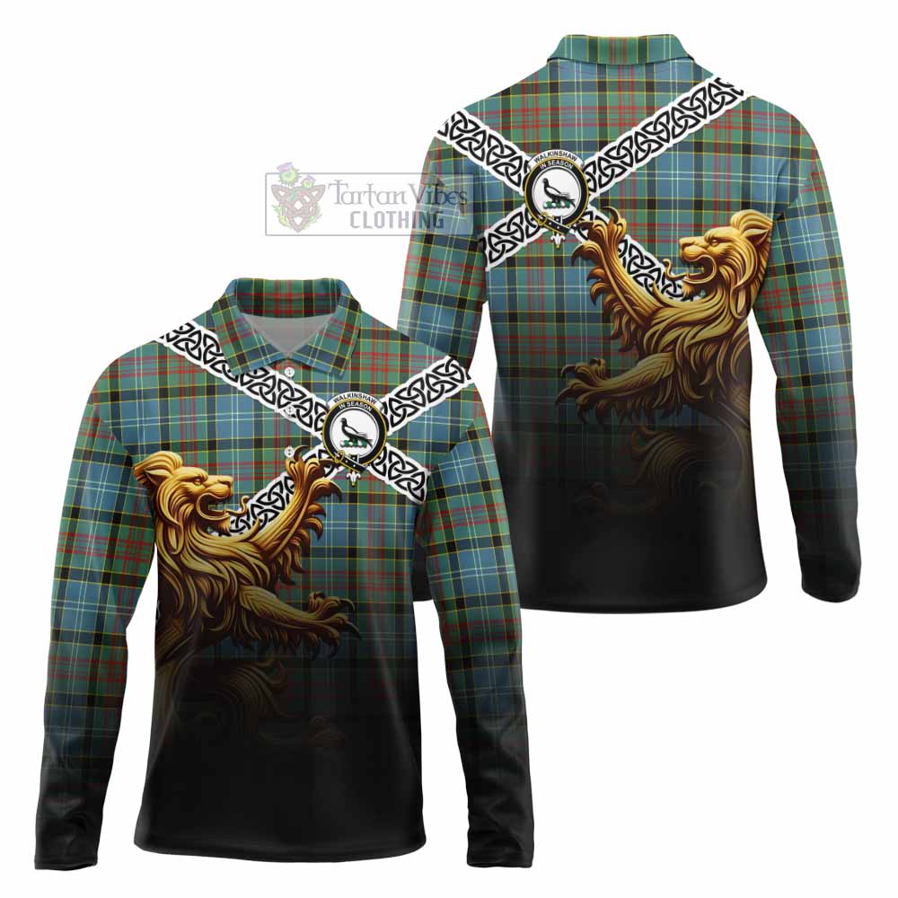 Walkinshaw Crest Tartan Long Sleeve Polo Shirt with Golden Lion Emblem Celtic Style - Tartan Vibes Clothing
