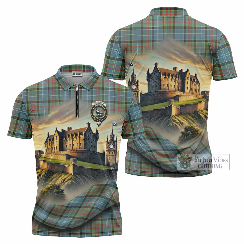 Walkinshaw Tartan Family Crest Zipper Polo Shirt with Scottish Ancient Castle Style - Tartan Vibes Clothing