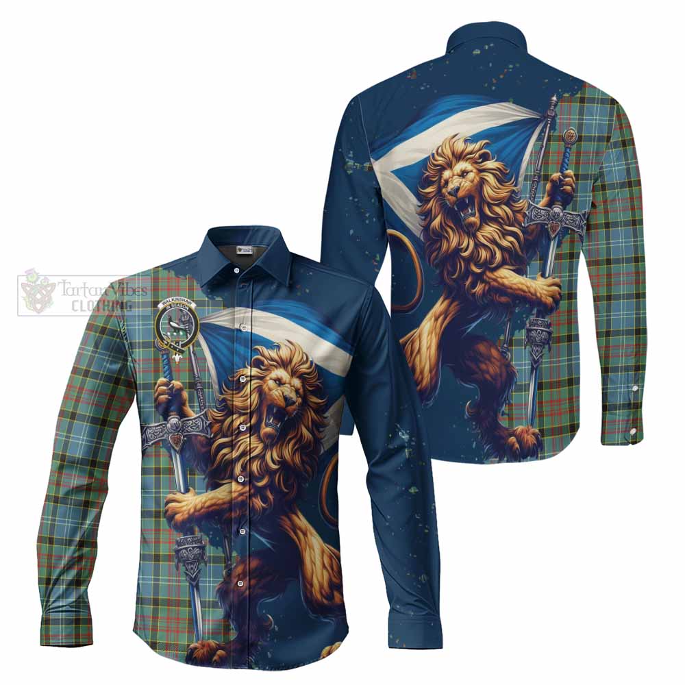 Walkinshaw Tartan Family Crest Long Sleeve Button Shirt with Scottish Majestic Lion - Tartan Vibes Clothing