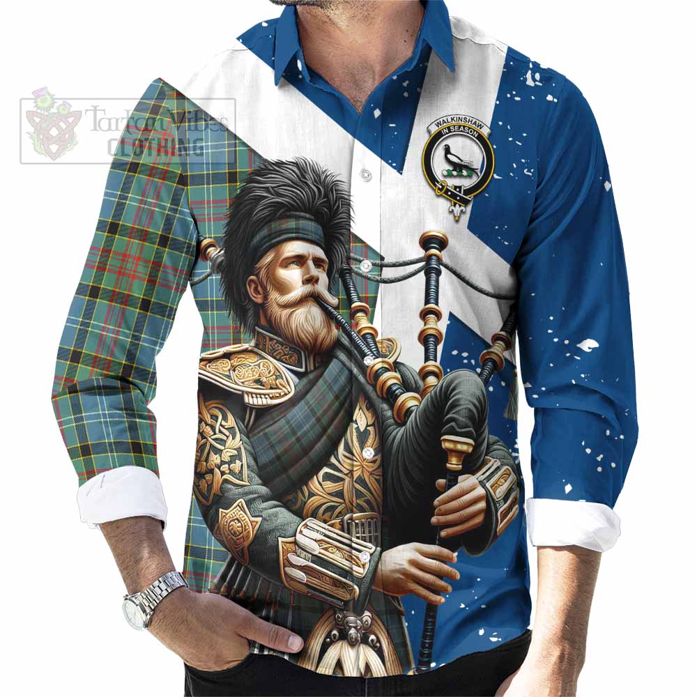 Walkinshaw Tartan Long Sleeve Button Shirt with Family Crest Scottish Bagpiper Vibes - Tartan Vibes Clothing