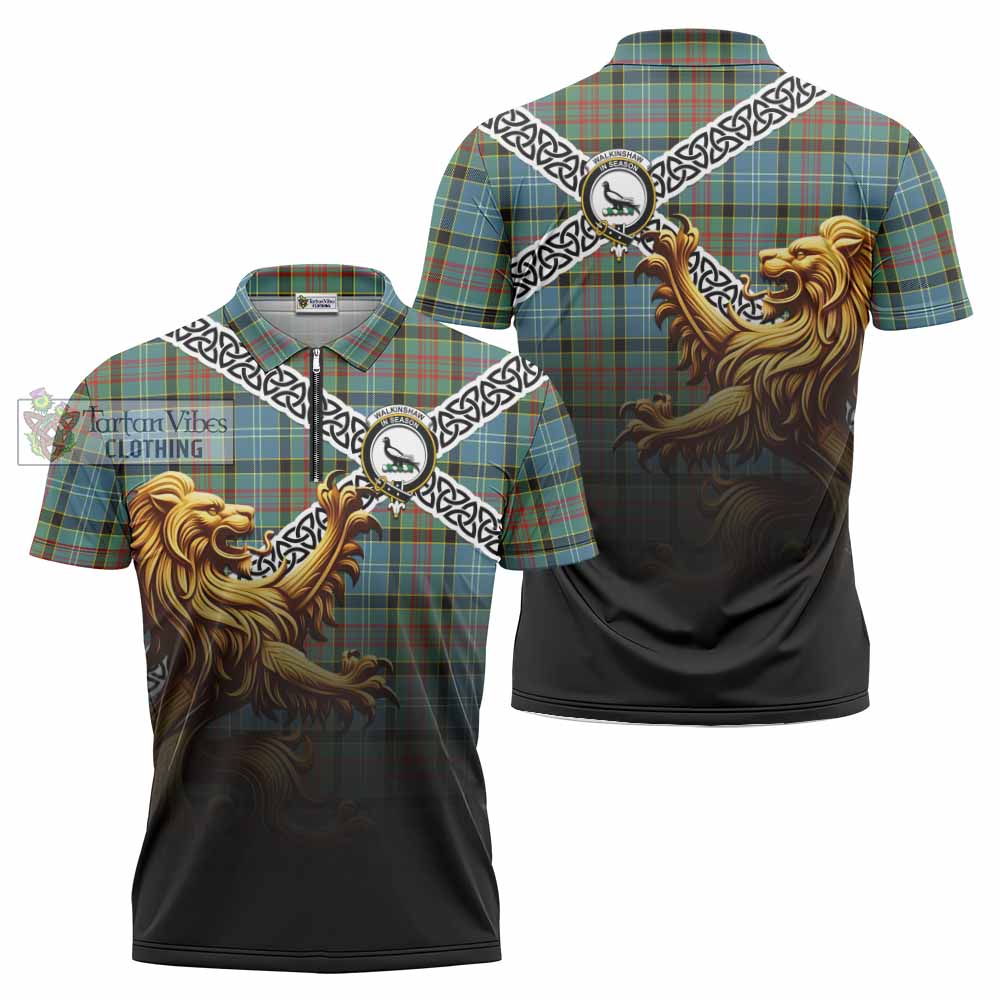 Walkinshaw Crest Tartan Zipper Polo Shirt with Golden Lion Emblem Celtic Style - Tartan Vibes Clothing