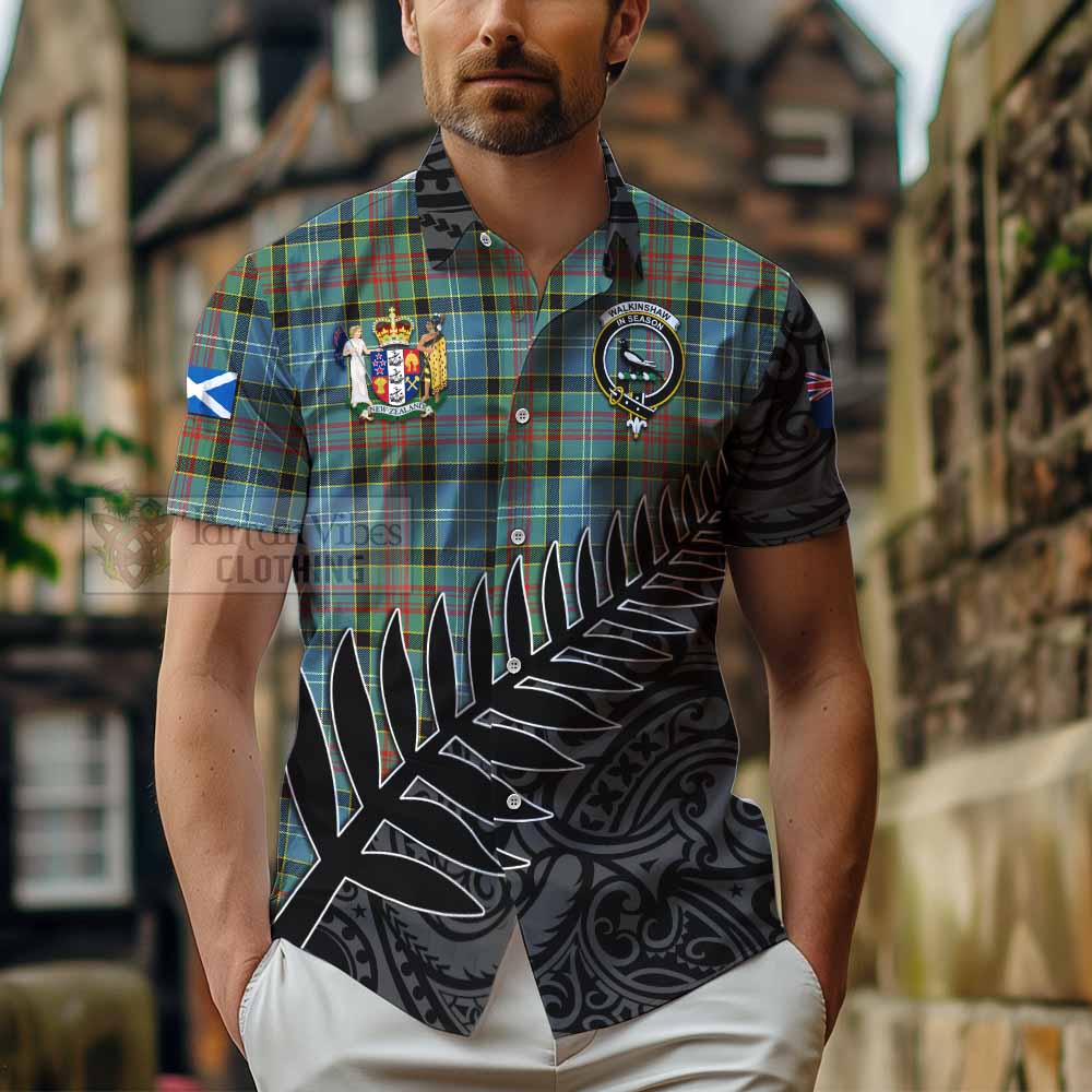 Tartan Vibes Clothing Walkinshaw Crest Tartan Short Sleeve Button Shirt with New Zealand Silver Fern Half Style