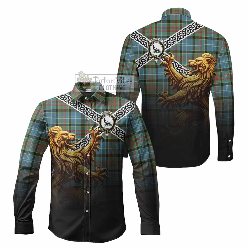 Walkinshaw Crest Tartan Long Sleeve Button Shirt with Golden Lion Emblem Celtic Style - Tartan Vibes Clothing