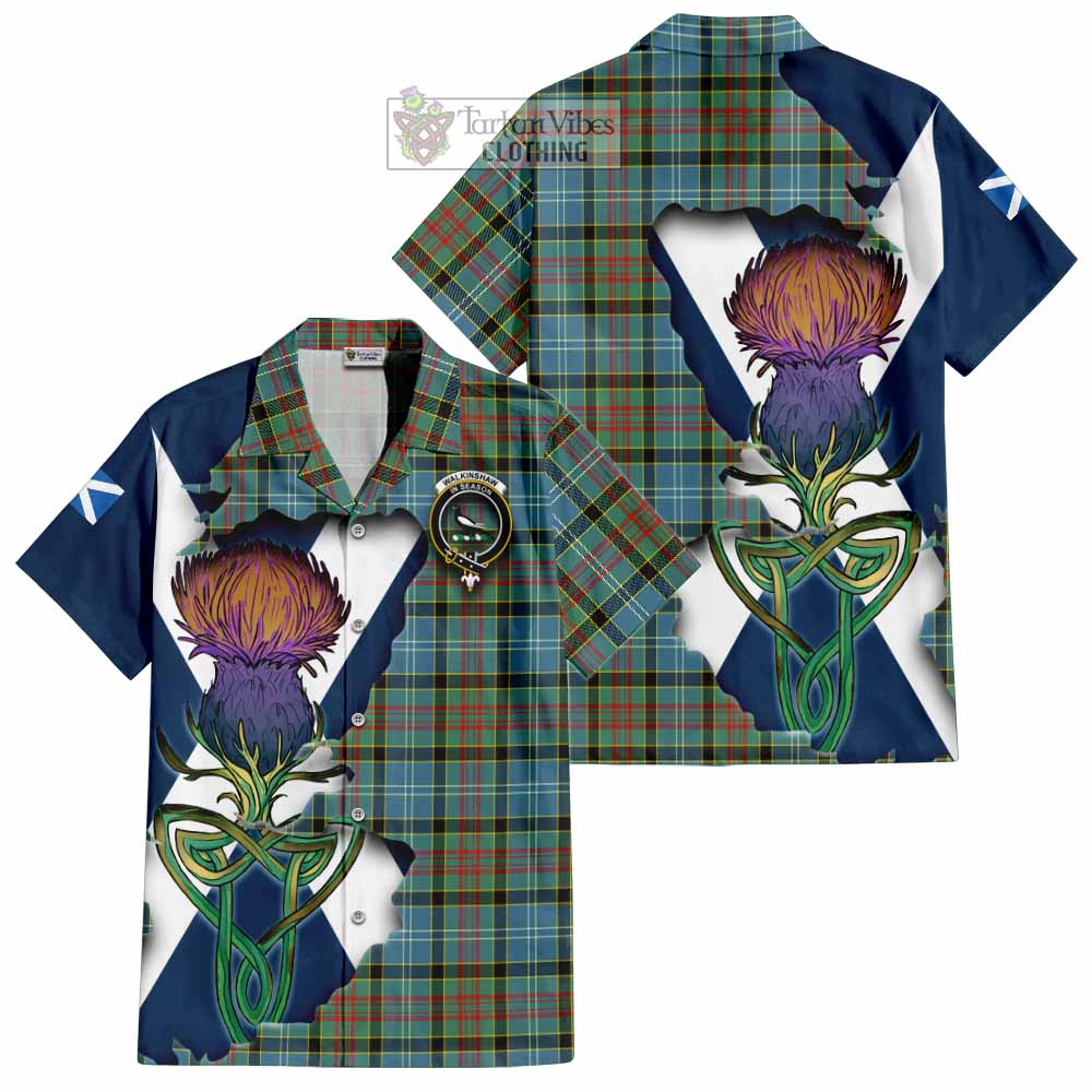 Tartan Vibes Clothing Walkinshaw Tartan Family Crest Short Sleeve Button Shirt Scottish Thistle Celtic Inspired