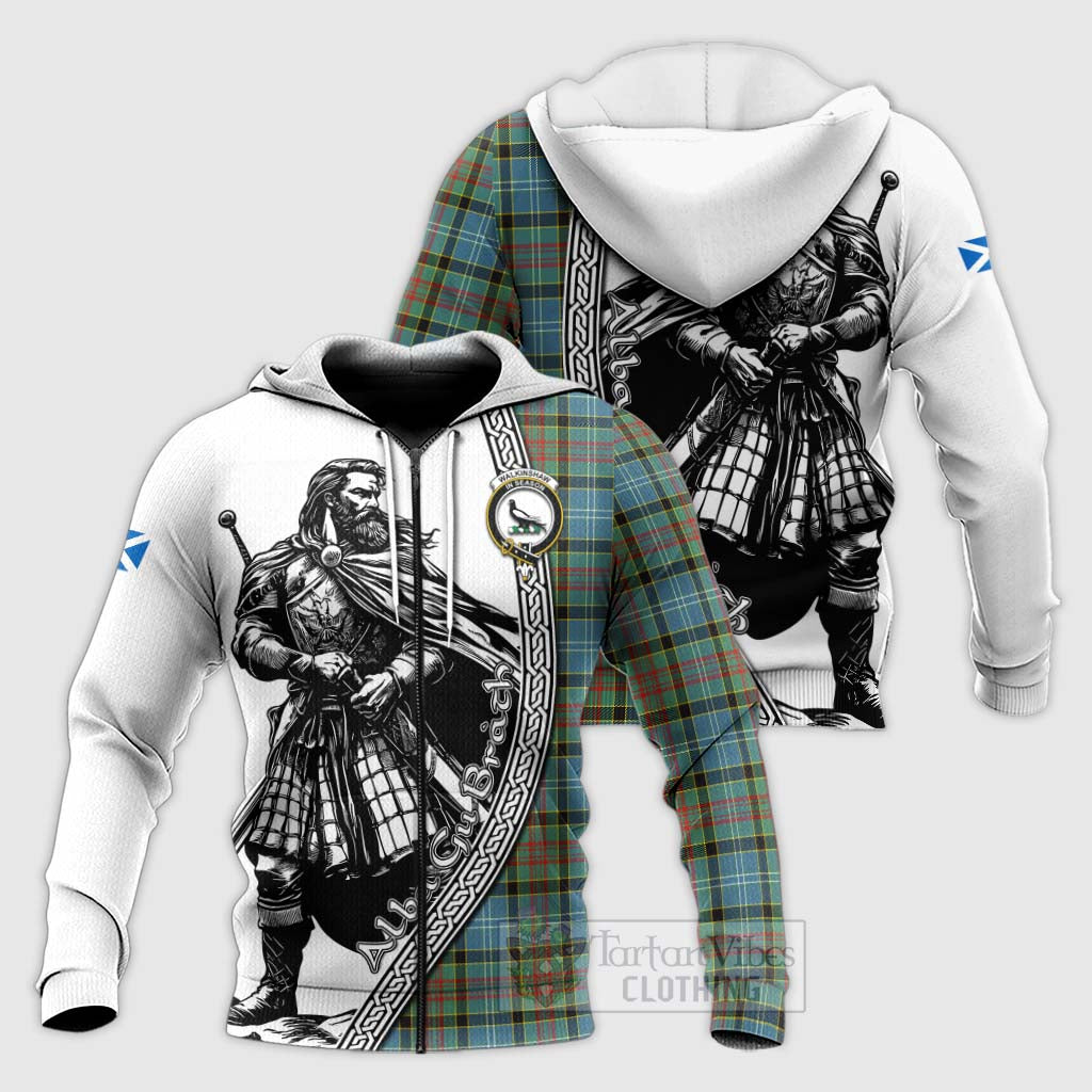 Walkinshaw Tartan Clan Crest Knitted Hoodie with Highlander Warrior Celtic Style Unisex Knitted Zip Hoodie - Tartan Vibes Clothing