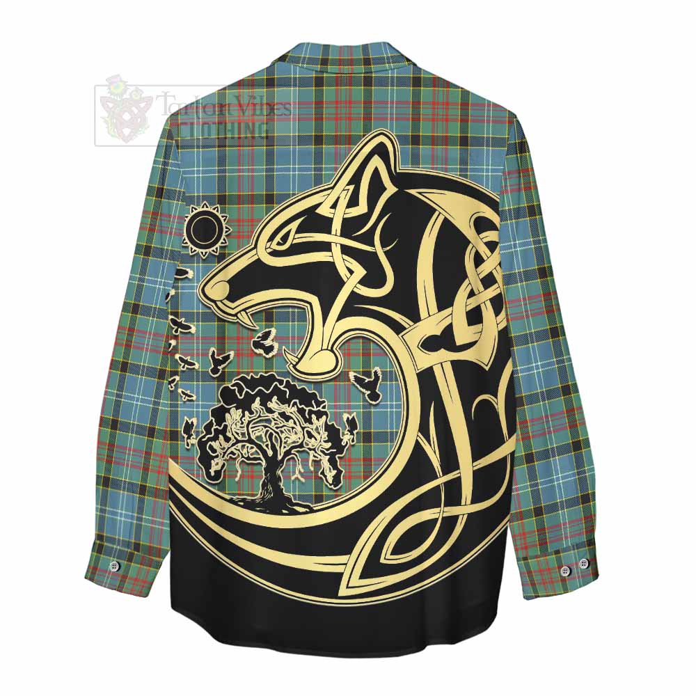 Walkinshaw Tartan Women's Casual Shirt with Family Crest Celtic Wolf Style - Tartan Vibes Clothing