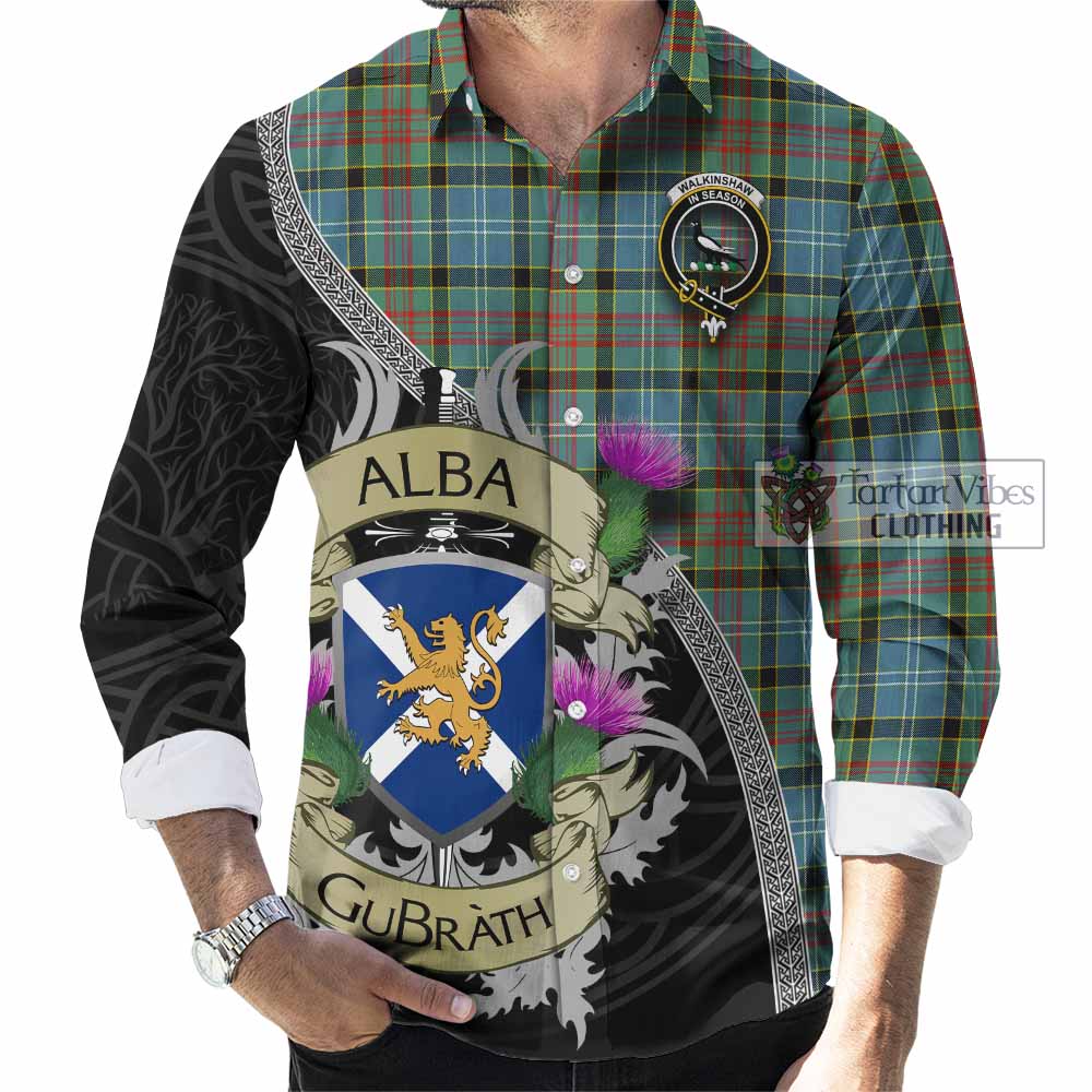 Walkinshaw Tartan Family Crest Long Sleeve Button Shirt Lion Rampant Royal Thistle Shield Celtic Inspired - Tartan Vibes Clothing