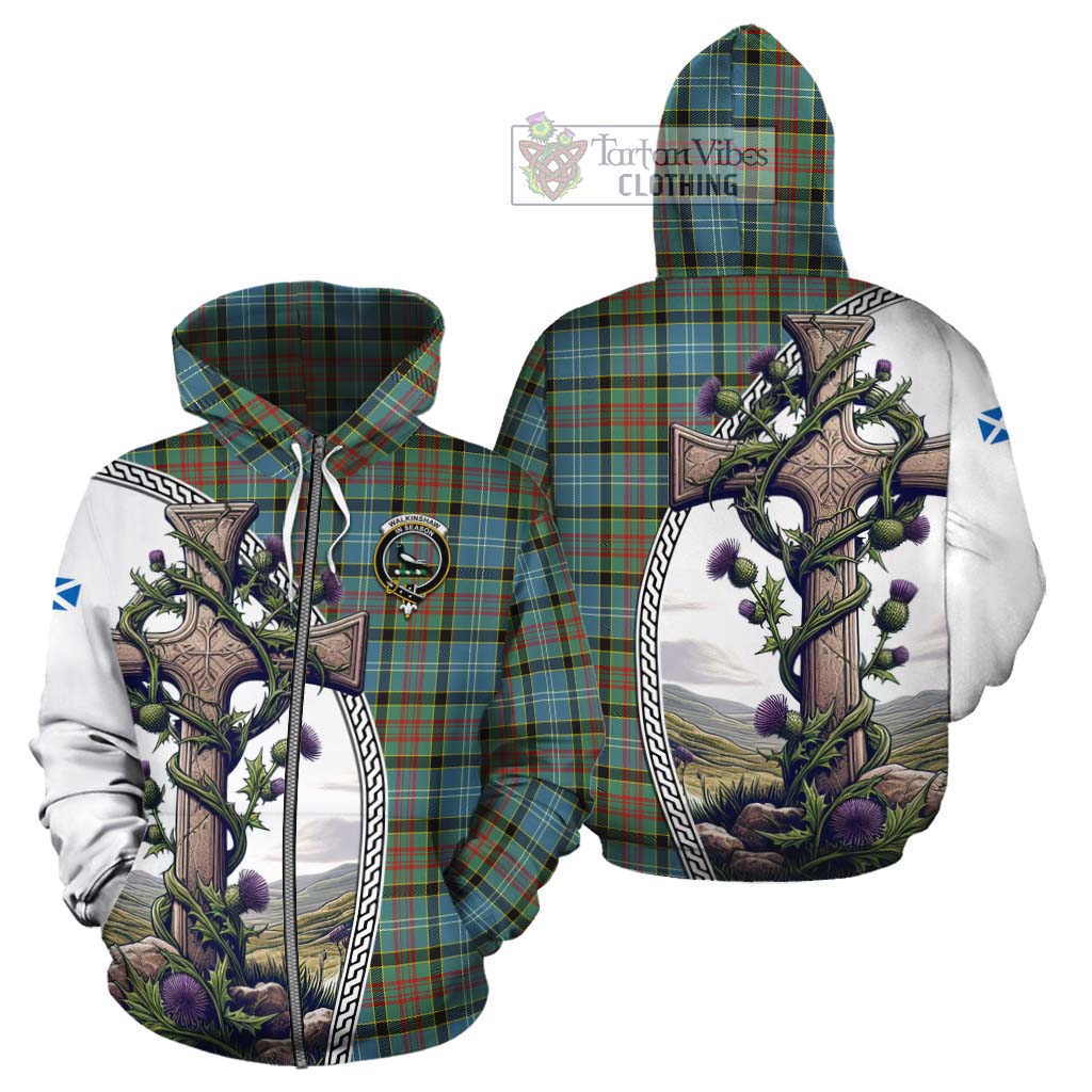 Tartan Vibes Clothing Walkinshaw Tartan Cotton Hoodie with Family Crest and St. Andrew's Cross Accented by Thistle Vines