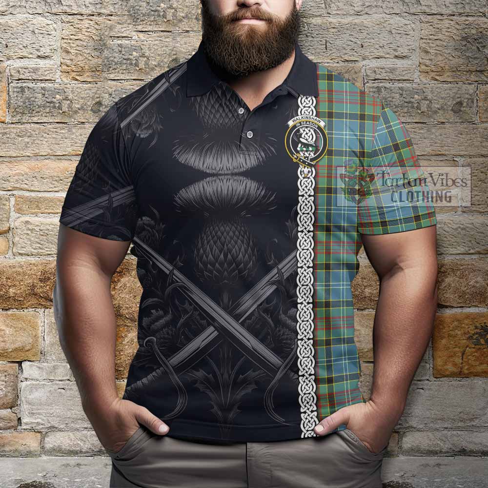 Walkinshaw Tartan Polo Shirt with Family Crest Cross Sword Thistle Celtic Vibes - Tartan Vibes Clothing