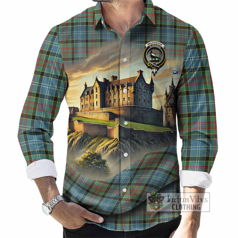 Tartan Vibes Clothing Walkinshaw Tartan Family Crest Long Sleeve Button Shirt with Scottish Ancient Castle Style