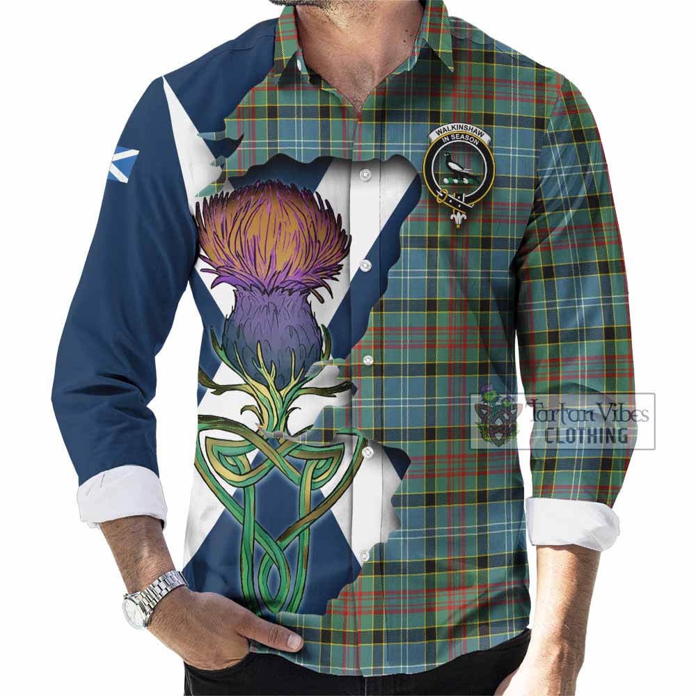 Tartan Vibes Clothing Walkinshaw Tartan Family Crest Long Sleeve Button Shirt Scottish Thistle Celtic Inspired