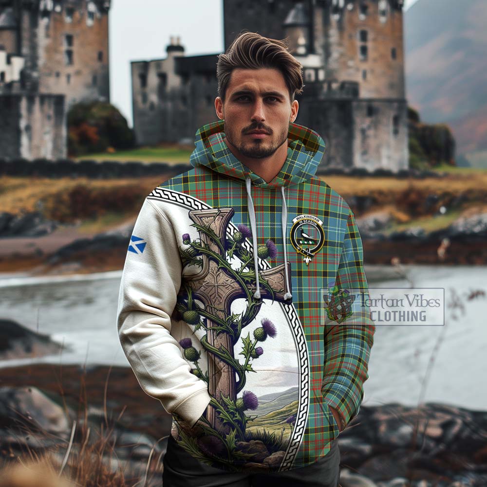 Tartan Vibes Clothing Walkinshaw Tartan Cotton Hoodie with Family Crest and St. Andrew's Cross Accented by Thistle Vines