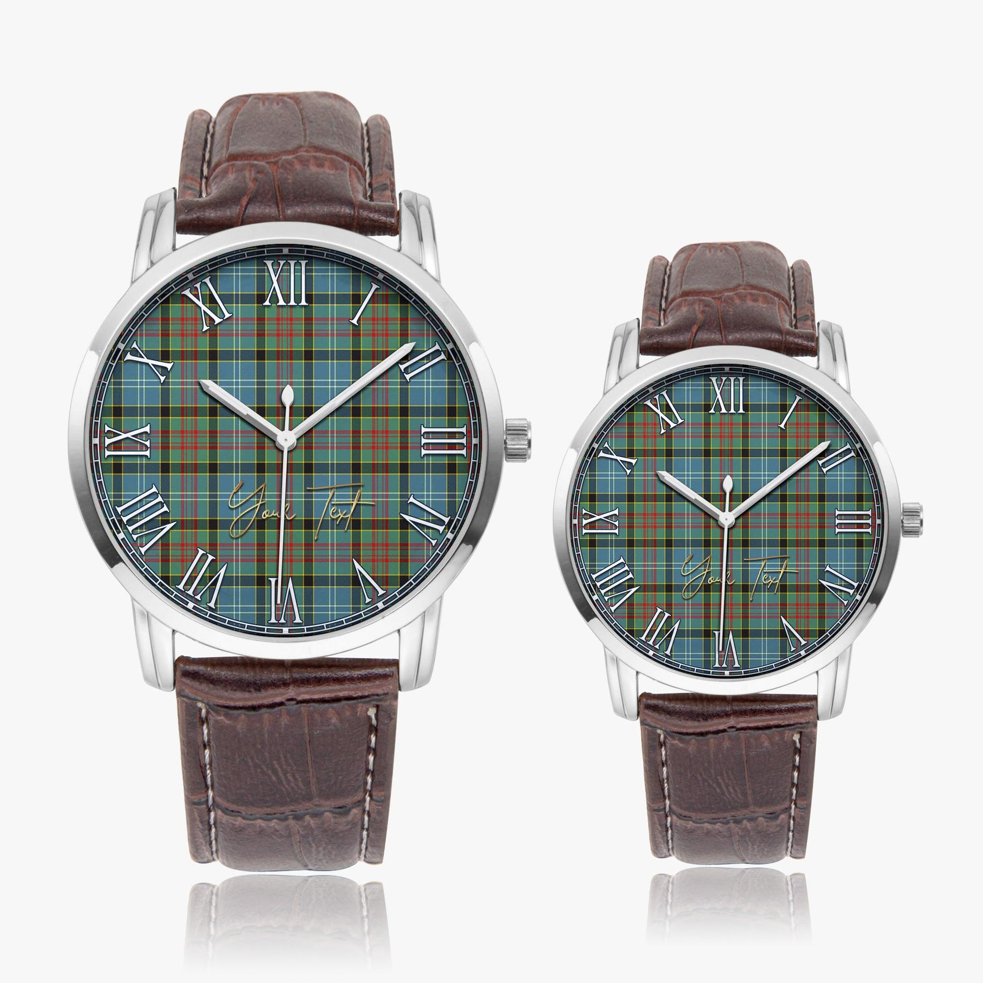 Walkinshaw Tartan Personalized Your Text Leather Trap Quartz Watch Wide Type Silver Case With Brown Leather Strap - Tartanvibesclothing Shop
