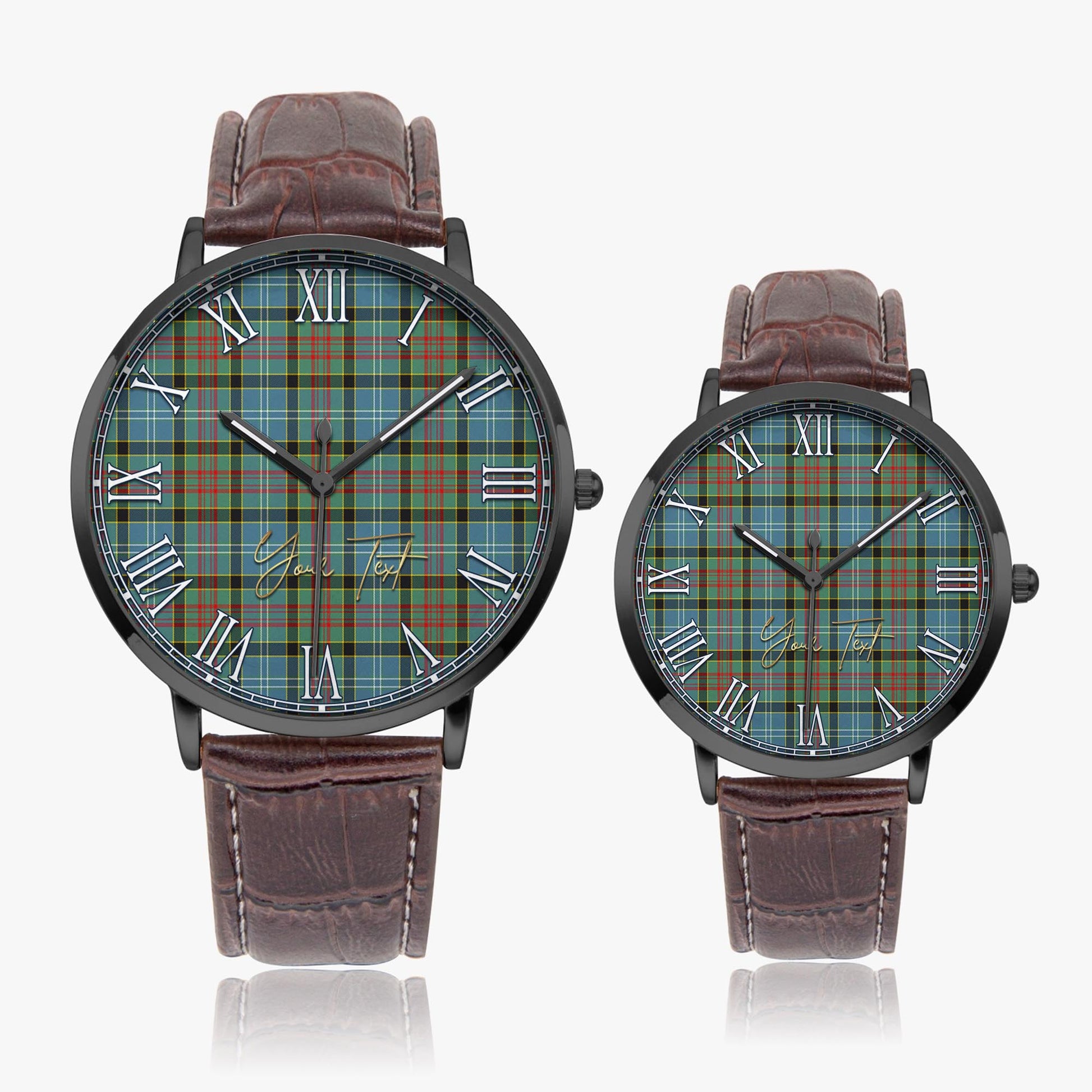 Walkinshaw Tartan Personalized Your Text Leather Trap Quartz Watch Ultra Thin Black Case With Brown Leather Strap - Tartanvibesclothing Shop