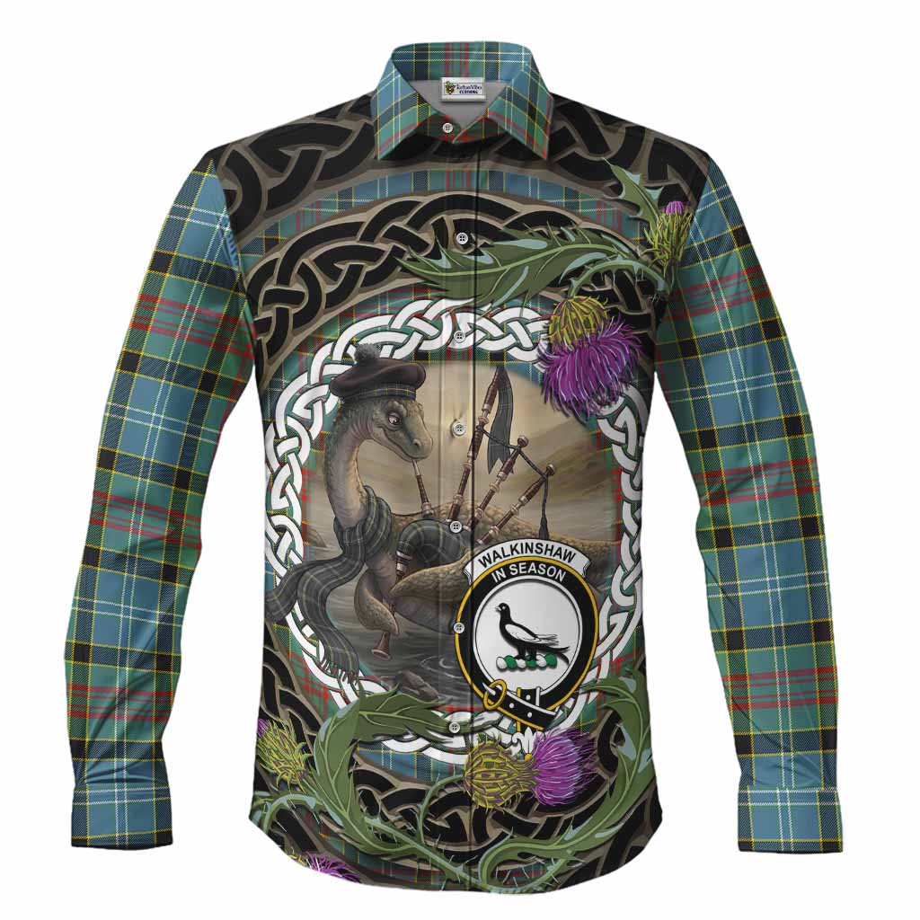 Walkinshaw Tartan Crest Bagpipe Nessie Long Sleeve Button Shirts Scottish Loch Ness Monster Celtic Thistle