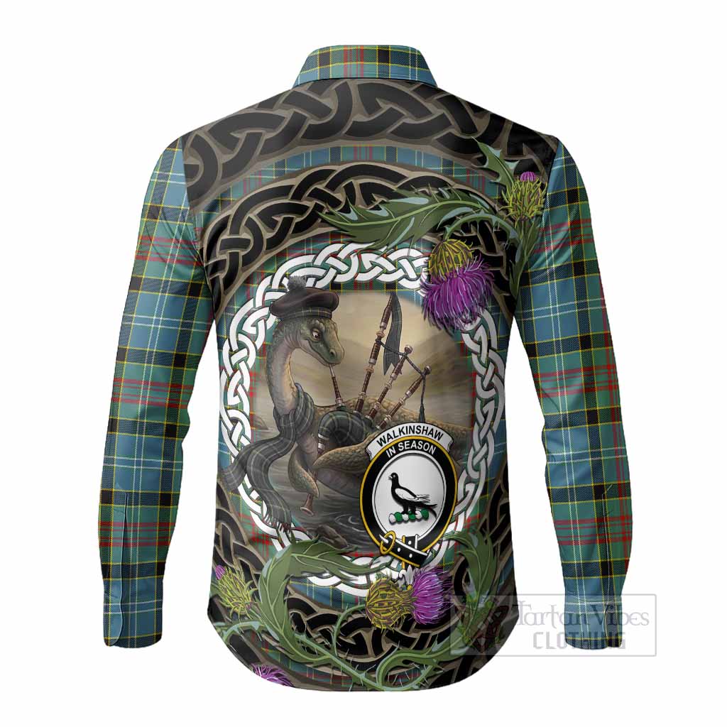 Walkinshaw Tartan Crest Bagpipe Nessie Long Sleeve Button Shirts Scottish Loch Ness Monster Celtic Thistle