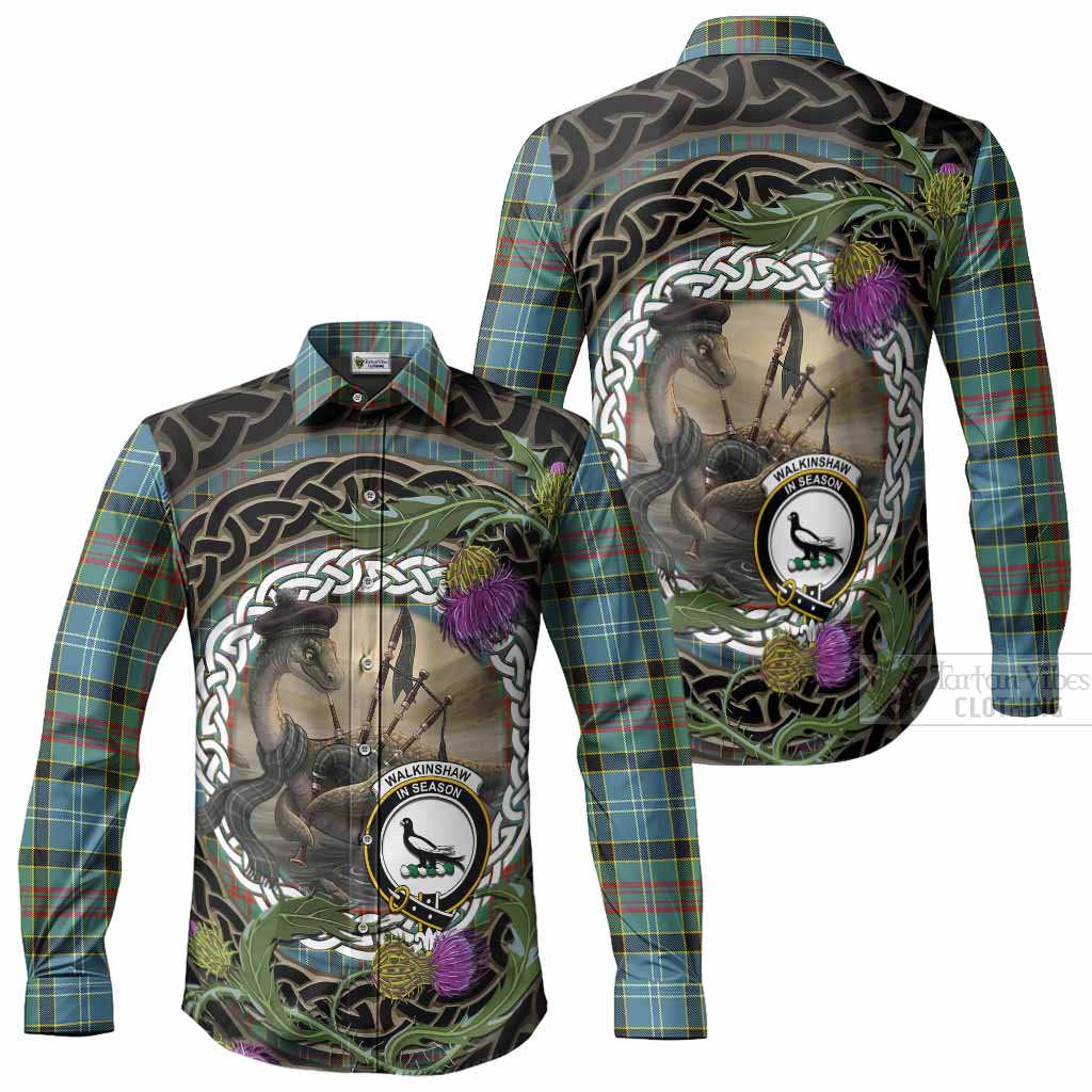 Walkinshaw Tartan Crest Bagpipe Nessie Long Sleeve Button Shirts Scottish Loch Ness Monster Celtic Thistle