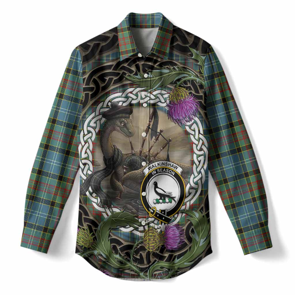 Walkinshaw Tartan Crest Bagpipe Nessie Women Casual Shirt Scottish Loch Ness Monster Celtic Thistle
