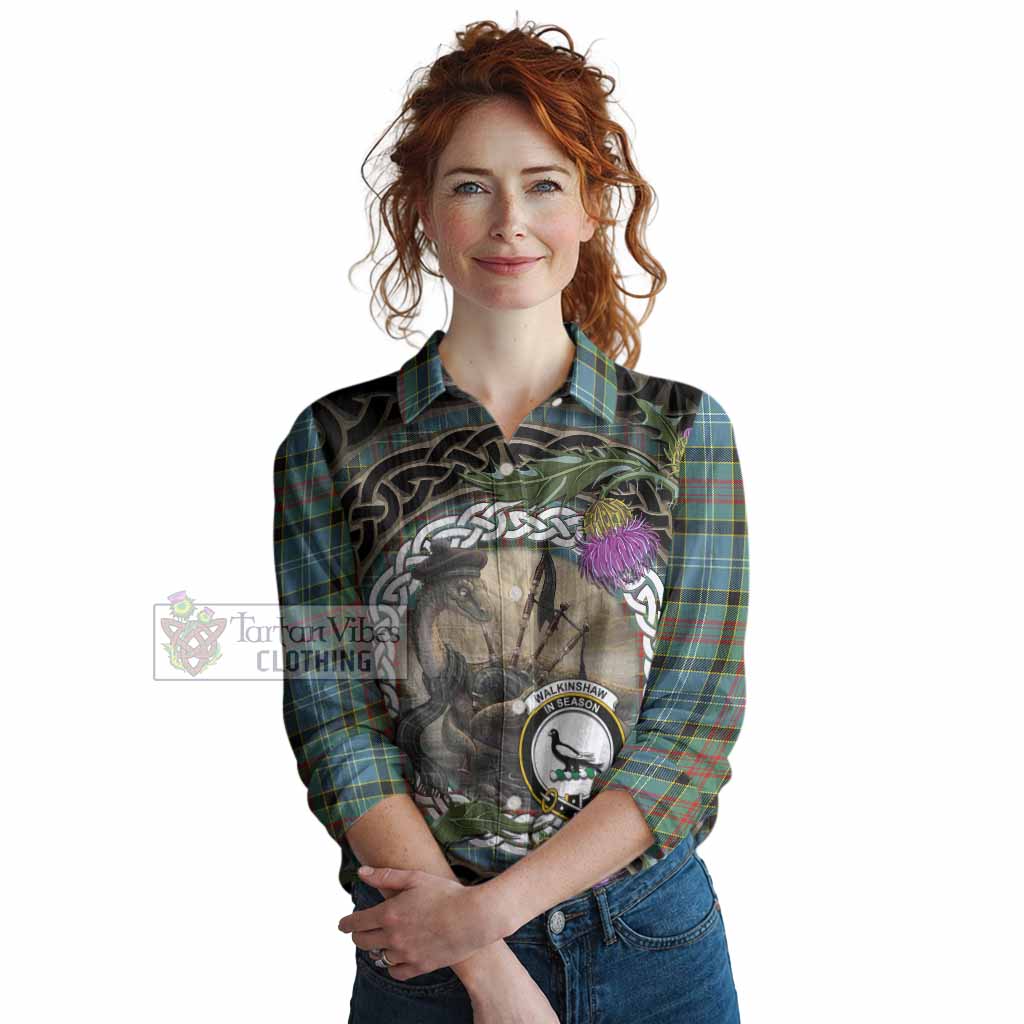 Walkinshaw Tartan Crest Bagpipe Nessie Women Casual Shirt Scottish Loch Ness Monster Celtic Thistle