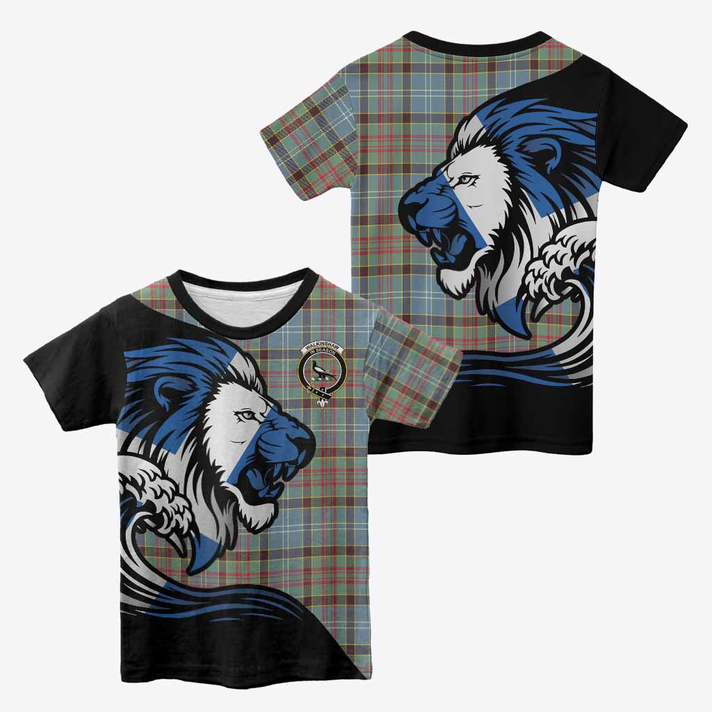 Walkinshaw Tartan Crest Kid T-shirt Scottish Golden Lions Wave Flow