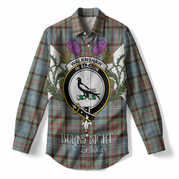 Walkinshaw Tartan Family Crest Women Casual Shirt Scottish Burns Night Thistle Floral