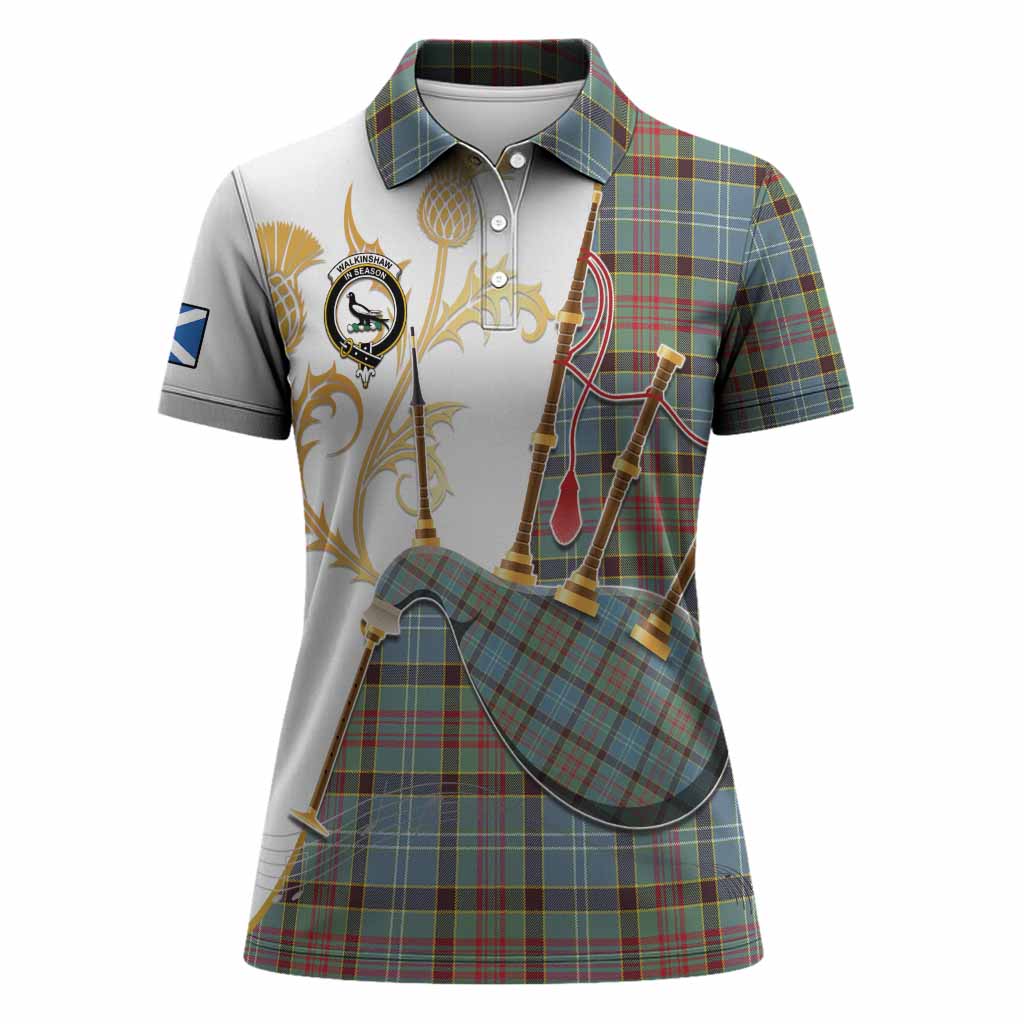 Walkinshaw Tartan Family Crest Women Polo Shirt Bagpipes with Scottish Thistle