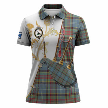 Walkinshaw Tartan Family Crest Women Polo Shirt Bagpipes with Scottish Thistle