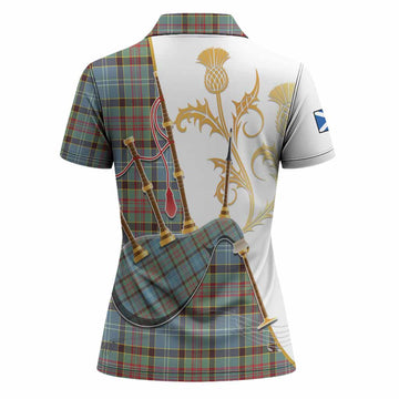 Walkinshaw Tartan Family Crest Women Polo Shirt Bagpipes with Scottish Thistle