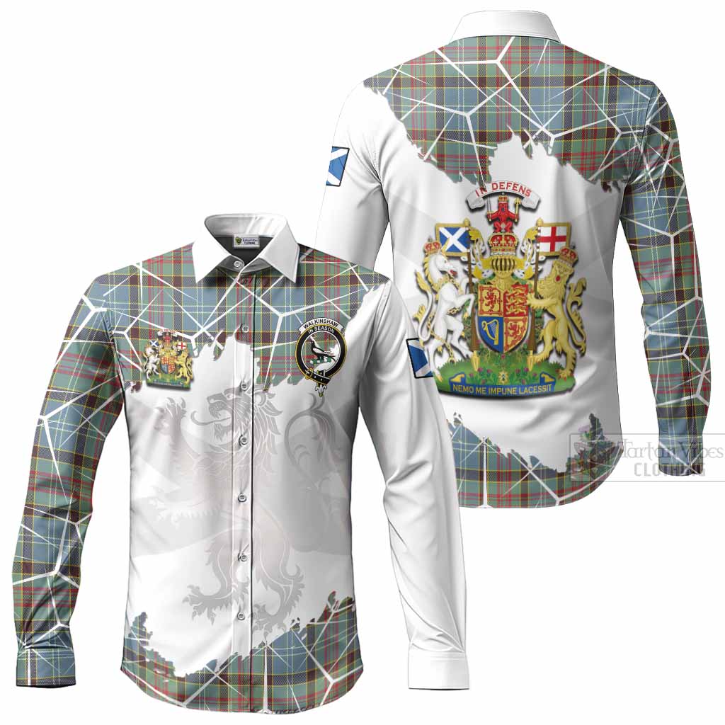Walkinshaw Tartan Long Sleeve Button Shirts with Family Crest and Lion Rampant Grunge Style