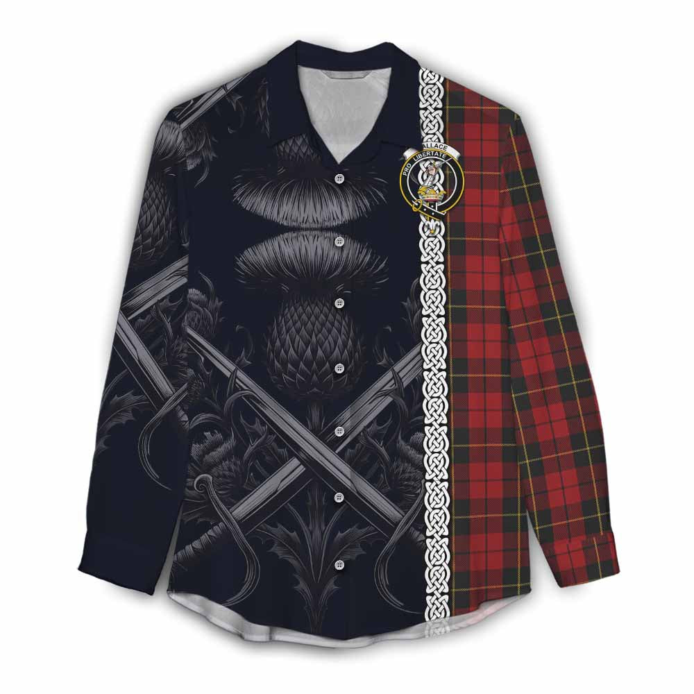 Tartan Vibes Clothing Wallace Tartan Women's Casual Shirt with Family Crest Cross Sword Thistle Celtic Vibes