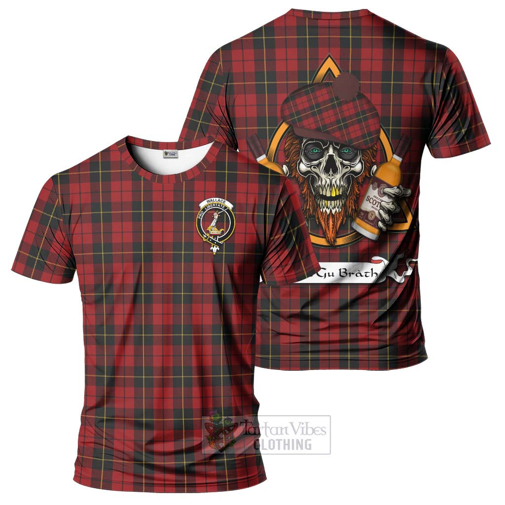 Tartan Vibes Clothing Wallace Tartan T-Shirt with Family Crest and Bearded Skull Holding Bottles of Whiskey