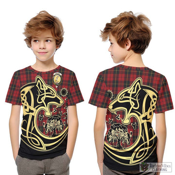 Wallace Tartan Kid T-Shirt with Family Crest Celtic Wolf Style