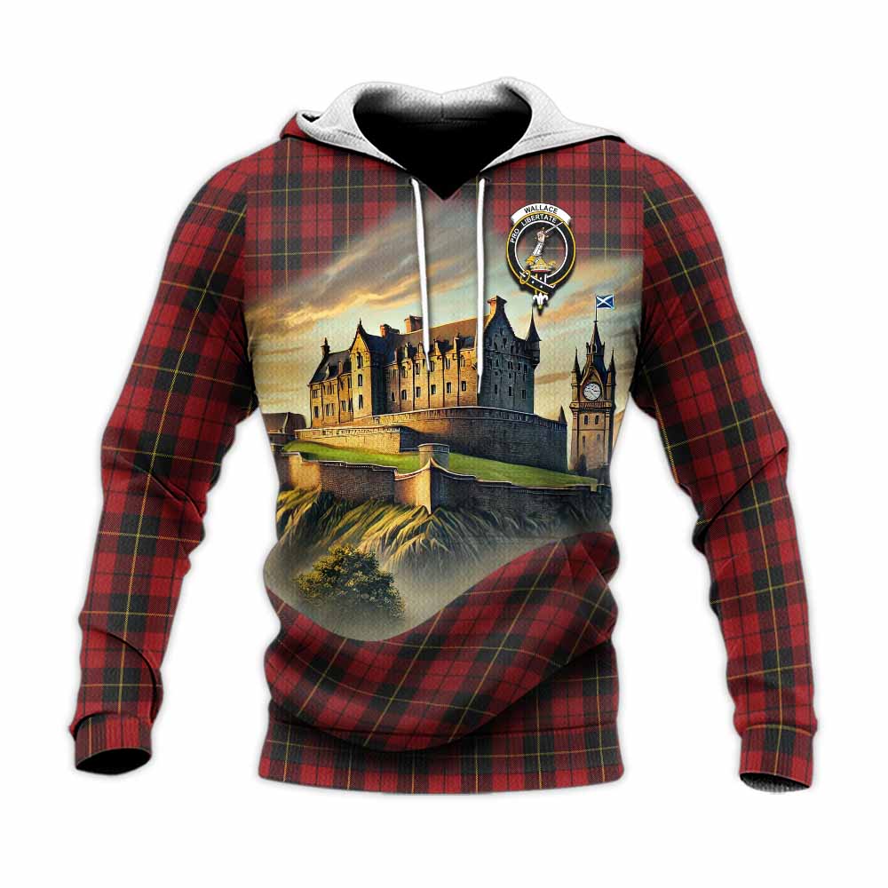 Tartan Vibes Clothing Wallace Tartan Family Crest Knitted Hoodie with Scottish Ancient Castle Style