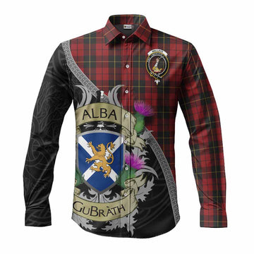 Wallace Tartan Family Crest Long Sleeve Button Shirt Lion Rampant Royal Thistle Shield Celtic Inspired