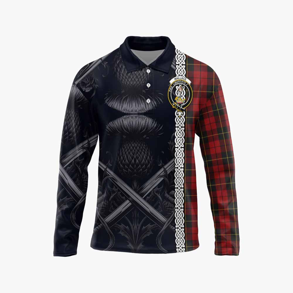 Tartan Vibes Clothing Wallace Tartan Long Sleeve Polo Shirt with Family Crest Cross Sword Thistle Celtic Vibes