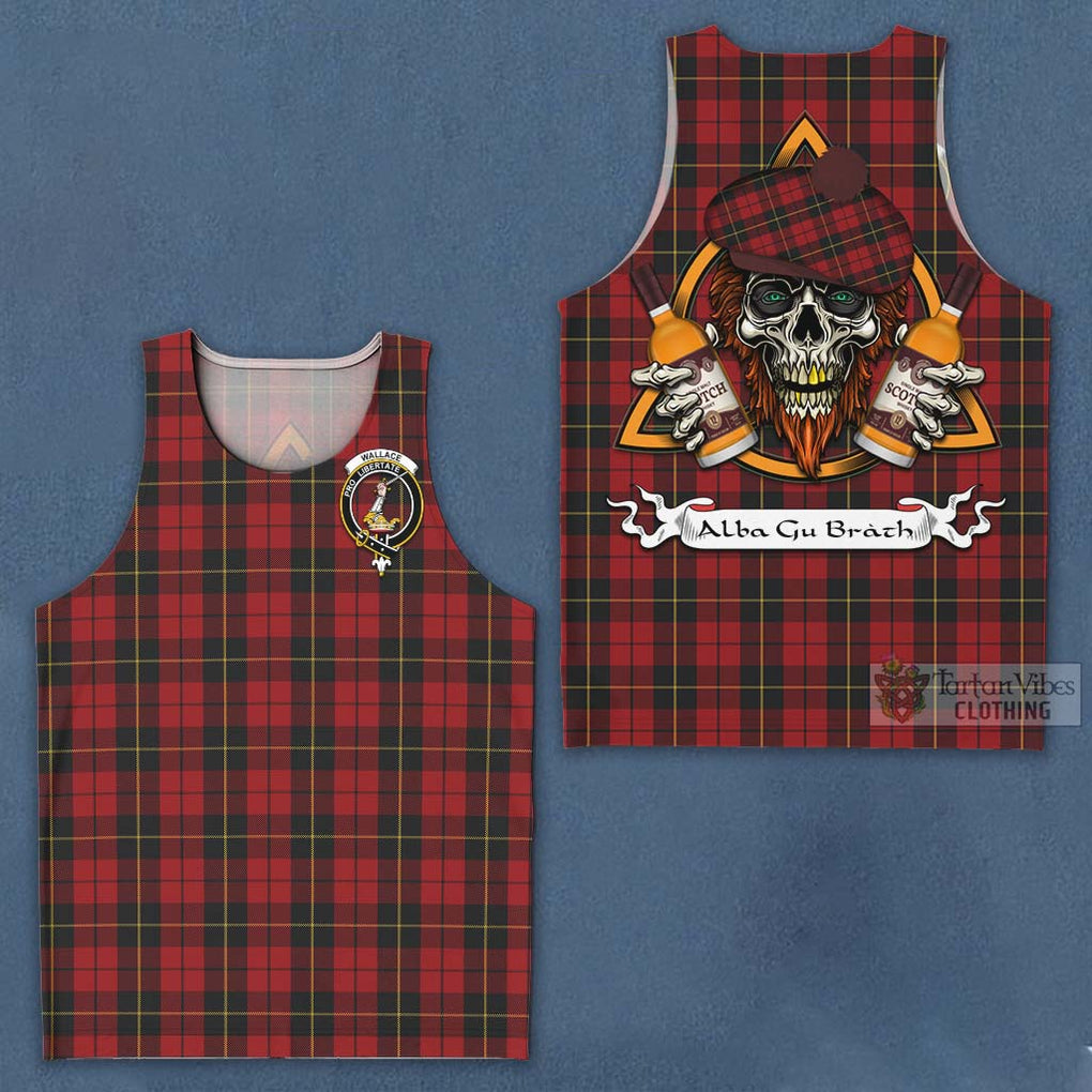 Tartan Vibes Clothing Wallace Tartan Men's Tank Top with Family Crest and Bearded Skull Holding Bottles of Whiskey