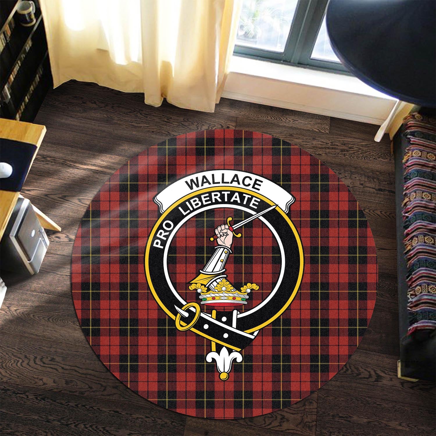 wallace-tartan-round-rug-with-family-crest